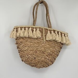 Florabella Wilmington wicker straw woven tote fringe tan ivory large purse bag